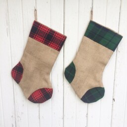 Plaid Flannel & Burlap Christmas Stocking - Red & Green Plaid-Traditional Colors - Rustic-Cabin-Woodland-Country-Holiday Decor - thumbnail 2