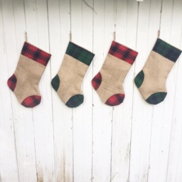 Plaid Flannel & Burlap Christmas Stocking - Red & Green Plaid-Traditional Colors - Rustic-Cabin-Woodland-Country-Holiday Decor - thumbnail 1