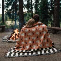Halloween Cotton Woven Blanket, Happy Ghosts Bats Stars, Black White Orange, Modern Boho Decor, Cozy Throw, Checkered Border - thumbnail 2