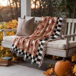 Halloween Cotton Woven Blanket, Happy Ghosts Bats Stars, Black White Orange, Modern Boho Decor, Cozy Throw, Checkered Border