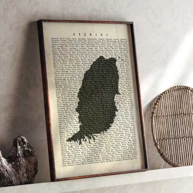 Grenada Map - Vintage Beige Typography With City Names Travel Poster Wall Art Print - image 1