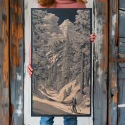 Skiing in The Trees Engraved Birch Wood Panel - Ski House Wall Art, Mountain Scene Illustration, Outdoor Enthusiasts Home Decor Gift - thumbnail 1