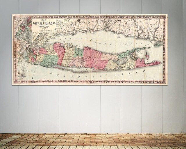 Antique Long Island Map Print 1863 Connecticut Vintage Wall Art - image 1