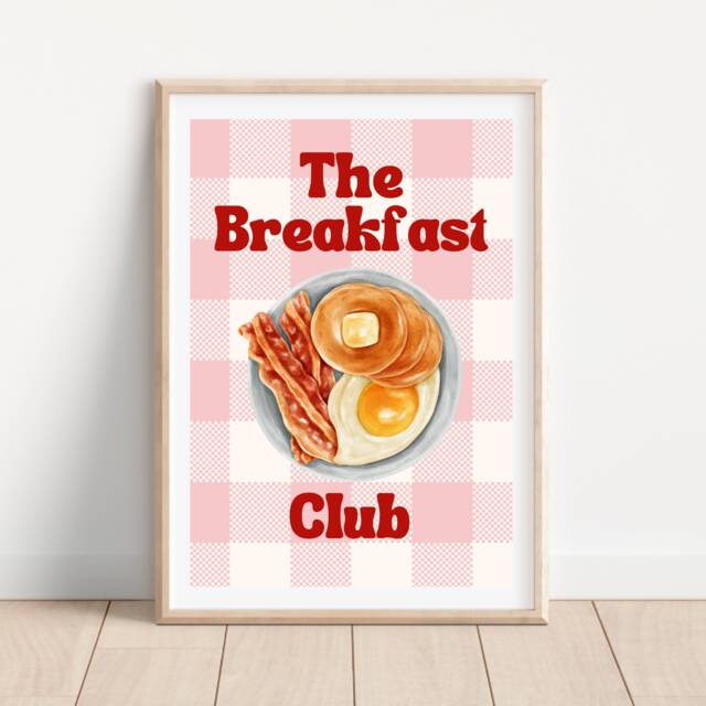 Pink Breakfast Club Kitchen Print, Eggs & Bacon, Retro Wall Art, Brunch Food Gallery Wall, Decor Prints - image 1
