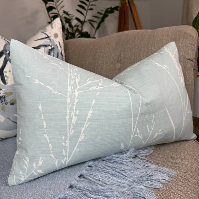Blue Throw Pillow Cover, Decorative Handmade Accent Cushion Case For Sofa Couch Bedroom Home Decor , Fern Design White, Double Sided - image 1