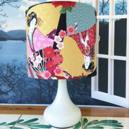 Oriental Lampshade, Japanese Lamp Shade, With Geisha Ladies in Metallic Tones, For A Zen Den - thumbnail 3