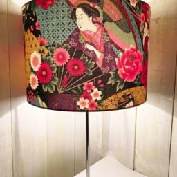 Oriental Lampshade, Japanese Lamp Shade, With Geisha Ladies in Metallic Tones, For A Zen Den - thumbnail 2