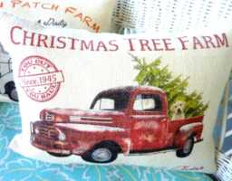 Red Truck Christmas Pillow Cover Burlap Farmhouse Decor - 12x16 - thumbnail 1