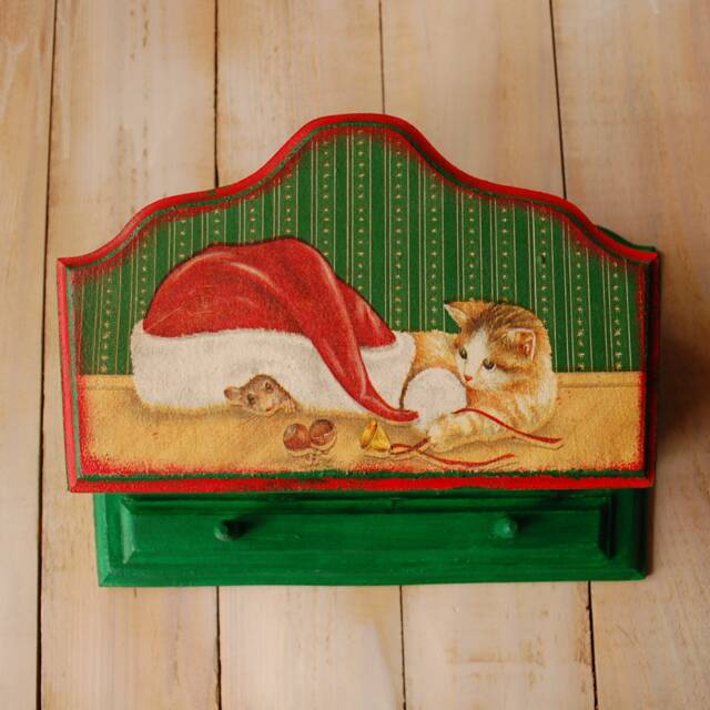 Decoupage Christmas Cat Key Holder, Handmade Wooden Mail Organizer - image 1
