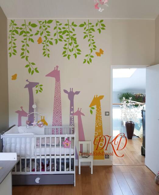 Giraffe Family Wall Decal, Jungle Nursery Decor, Butterflies & Leaves - image 1
