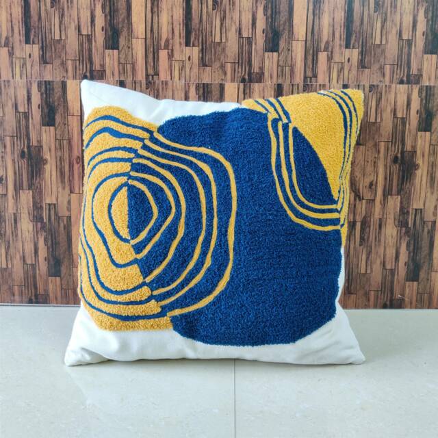 Embroidered Boho Pillow Cover Mustard Yellow & Teal Blue, 18x18 Inches - image 1