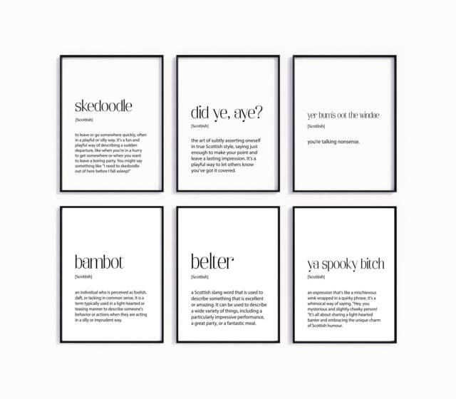 Scottish Poster Prints - Set Of Scotland Slang Gift Unique Ideas Themed Wall Art Dictionary