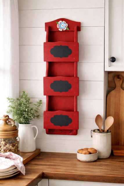 Red Wooden Mail Organizer With Chalkboard Labels, Key Hooks Farmhouse Entryway Decor - image 1