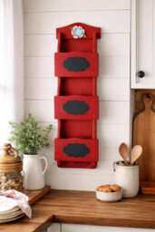 Red Wooden Mail Organizer With Chalkboard Labels, Key Hooks Farmhouse Entryway Decor