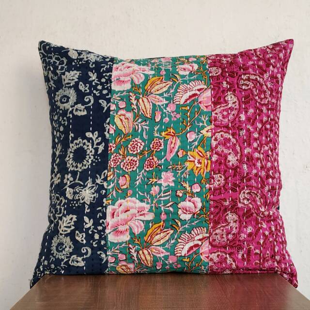 Floral Block Print Kantha Pillow Cover, Sea Green Fuchsia Indigo - image 1