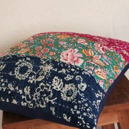 Floral Block Print Kantha Pillow Cover, Sea Green Fuchsia Indigo - thumbnail 2