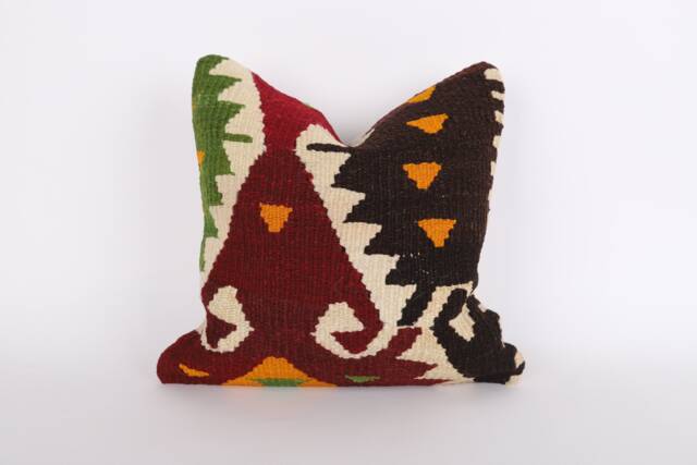 Vintage Turkish Kilim Pillow Cover Handwoven Wool Cushion - 16x16 - image 1