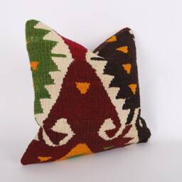 Vintage Turkish Kilim Pillow Cover Handwoven Wool Cushion - 16x16 - thumbnail 2