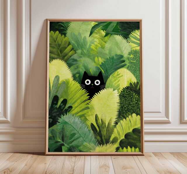 Cat Poster, Print, Botanical Wall Art, Floral Lovers Gift, Animal Feline Decor, Tropical Nature Print - image 1