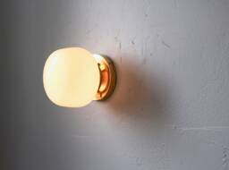 Schoolhouse Wall Sconce Lamp, Brass Flush Mount Light, White Glass Globe Shade, Modern Industrial Lighting Fixture, Wire in Or Plug - thumbnail 1