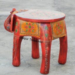 Wooden Elephant Stool, Side Table, End Footstool, Ottoman, Pouffe, Bench Chair, Ethnic Indian Style, Handmade Hand Painted - thumbnail 3
