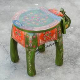 Wooden Elephant Stool, Side Table, End Footstool, Ottoman, Pouffe, Bench Chair, Ethnic Indian Style, Handmade Hand Painted - thumbnail 4