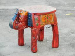 Wooden Elephant Stool, Side Table, End Footstool, Ottoman, Pouffe, Bench Chair, Ethnic Indian Style, Handmade Hand Painted - thumbnail 1