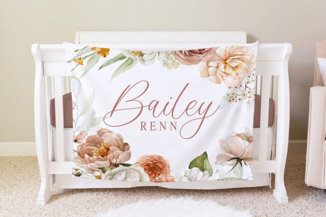 Floral Personalized Baby Blanket, Custom Shower Gift, Nursery Crib Hospital - image 1