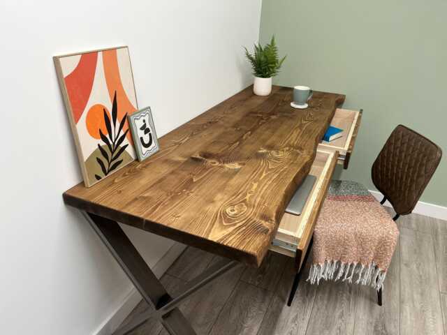 Large Live Edge Desk With 2 Drawers On Steel X Legs - image 1