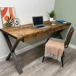 Large Live Edge Desk With 2 Drawers On Steel X Legs - thumbnail 3