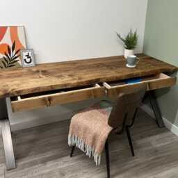 Large Live Edge Desk With 2 Drawers On Steel X Legs - thumbnail 2