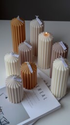 Ribbed Pillar Candle Thick Soy Wax, Vegan Home Decor - 13x7cm - thumbnail 1