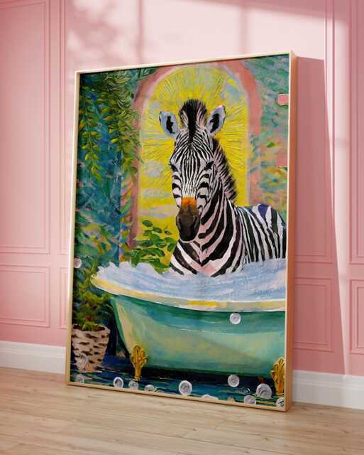 Zebra in Bath Print Wall Art, Retro Print, Bathroom Toilet Art Poster, Funny Cute Animal 2264 - image 1