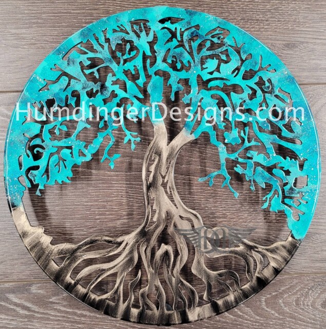 Tree Of Life Metal Wall Art At 36 Inches Diameter With Teal Foliage & Antique Silver Trunk - Humdinger Designs - image 1