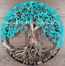 Tree Of Life Metal Wall Art At 36 Inches Diameter With Teal Foliage & Antique Silver Trunk - Humdinger Designs - thumbnail 1