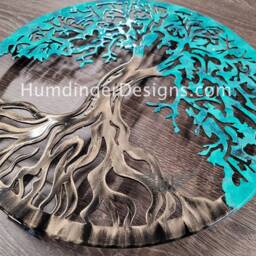 Tree Of Life Metal Wall Art At 36 Inches Diameter With Teal Foliage & Antique Silver Trunk - Humdinger Designs - thumbnail 4