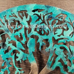 Tree Of Life Metal Wall Art At 36 Inches Diameter With Teal Foliage & Antique Silver Trunk - Humdinger Designs - thumbnail 3