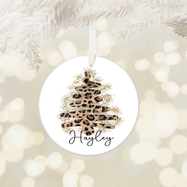 Personalised Leopard Print Bauble, Ceramic Christmas Decoration, Tree Ornament For Her, Glitter Effect Gift - image 1