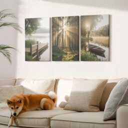 Set Of 3 Canvas Prints - A Calm Lake, Forest, & Boat in The Morning Fog, Green Wall Art Canvas, Landscapes Hanging Piece - thumbnail 3