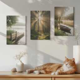 Set Of 3 Canvas Prints - A Calm Lake, Forest, & Boat in The Morning Fog, Green Wall Art Canvas, Landscapes Hanging Piece - thumbnail 2