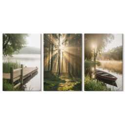 Set Of 3 Canvas Prints - A Calm Lake, Forest, & Boat in The Morning Fog, Green Wall Art Canvas, Landscapes Hanging Piece - thumbnail 1
