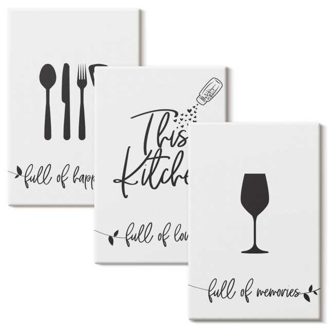 Canvas Wall Art Set Of 3 - Kitchen Utensil Patterns With Texts For The Kitchen, White Print, Food & Drinks Decor - image 1