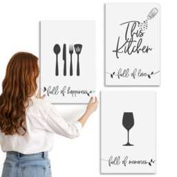 Canvas Wall Art Set Of 3 - Kitchen Utensil Patterns With Texts For The Kitchen, White Print, Food & Drinks Decor - thumbnail 2