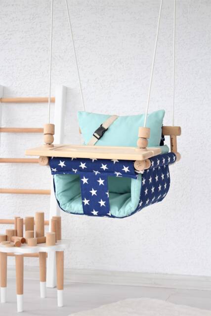 Handmade Baby Swing Navy Starry Cotton Duck, Turquoise Pillows - image 1