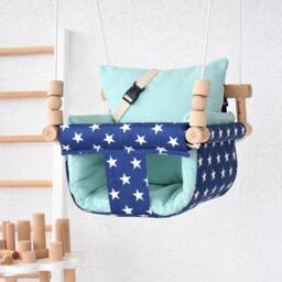 Handmade Baby Swing Navy Starry Cotton Duck, Turquoise Pillows - thumbnail 3