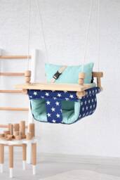 Handmade Baby Swing Navy Starry Cotton Duck, Turquoise Pillows - thumbnail 1