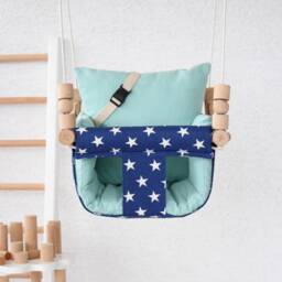 Handmade Baby Swing Navy Starry Cotton Duck, Turquoise Pillows - thumbnail 2