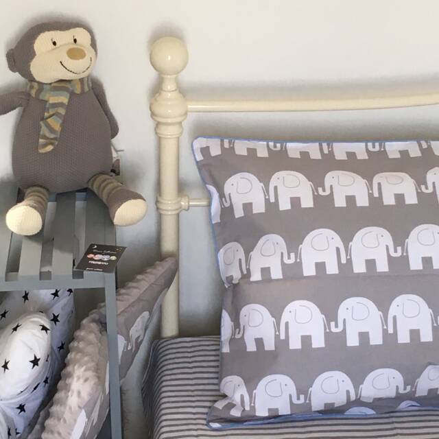 Children Single Bedding Set Boys Grey Happy Elephants & Chevron Pure Cotton , Reversible - image 1