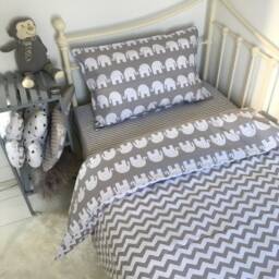 Children Single Bedding Set Boys Grey Happy Elephants & Chevron Pure Cotton , Reversible - thumbnail 2