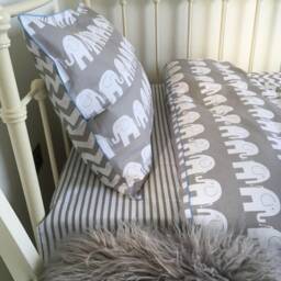 Children Single Bedding Set Boys Grey Happy Elephants & Chevron Pure Cotton , Reversible - thumbnail 4
